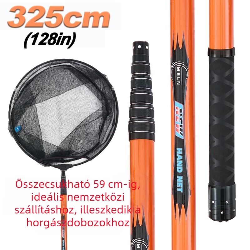 Karbonból készült teleszkópos horgászháló rúd, 45 cm-es nyílás, 40 cm-es hálómélység, finom szemű háló