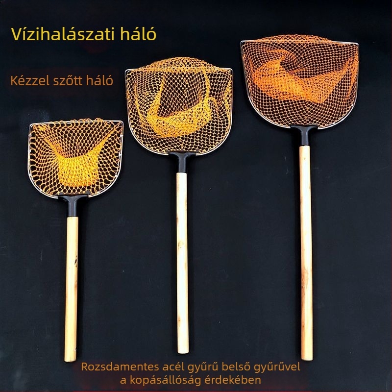Rozsdamentes acélból készült merítőháló fa markolattal, finom szemű háló