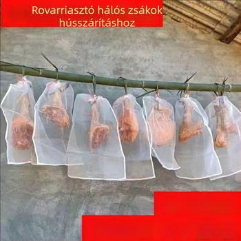 Nylon hálós szárítós zacskó húzózsinórral szárításra – sonka, bacon, kacsa, kolbász és hal számára; szellős, legyek és rovarok elleni védelem