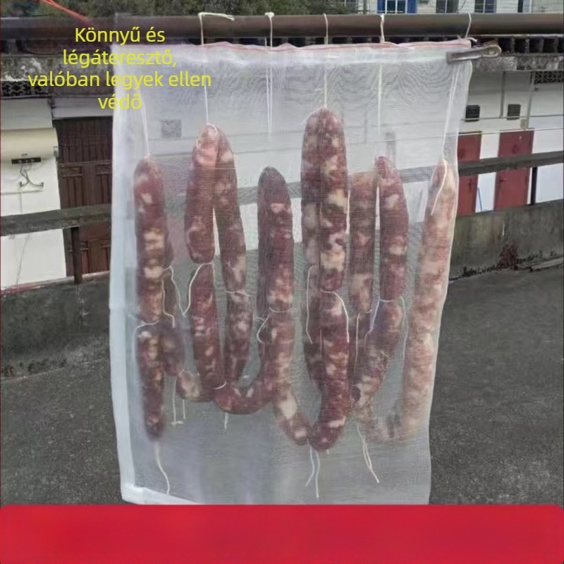 Nylon hálós szárítós zacskó húzózsinórral szárításra – sonka, bacon, kacsa, kolbász és hal számára; szellős, legyek és rovarok elleni védelem
