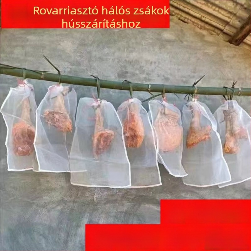 Nylon hálós szárítós zacskó húzózsinórral szárításra – sonka, bacon, kacsa, kolbász és hal számára; szellős, legyek és rovarok elleni védelem