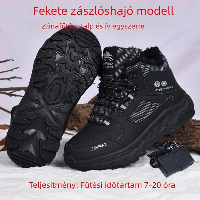 Téli kültéri elektromos fűtésű cipő, dupla oldali fűtés, fekete pamut papucs, uniszex