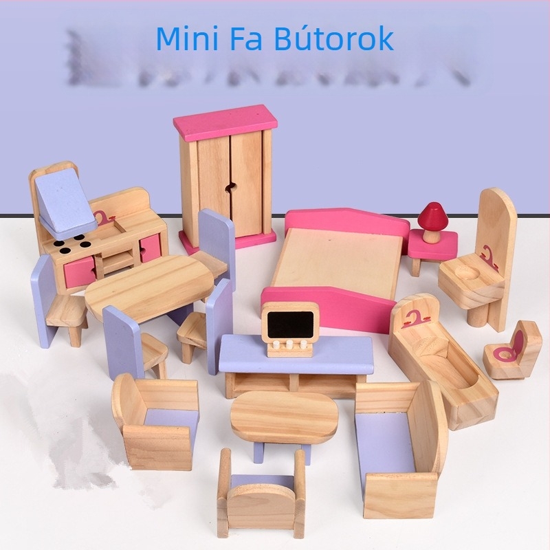Fából készült mini játékbútorok gyerekeknek — kanapé, szekrény és ruhásszekrény 4–6 éveseknek