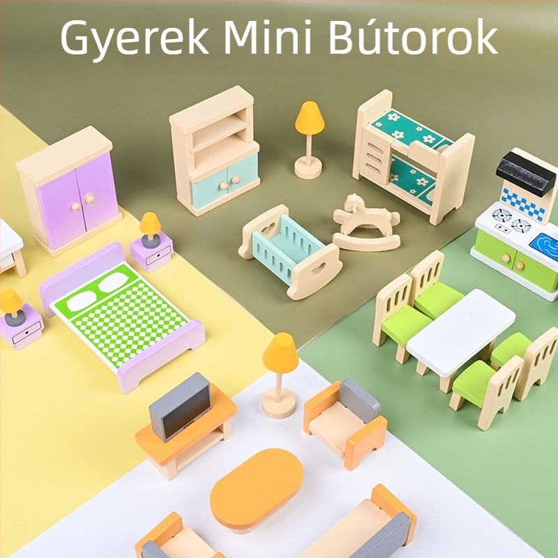 Fából készült mini játékbútorok gyerekeknek — kanapé, szekrény és ruhásszekrény 4–6 éveseknek