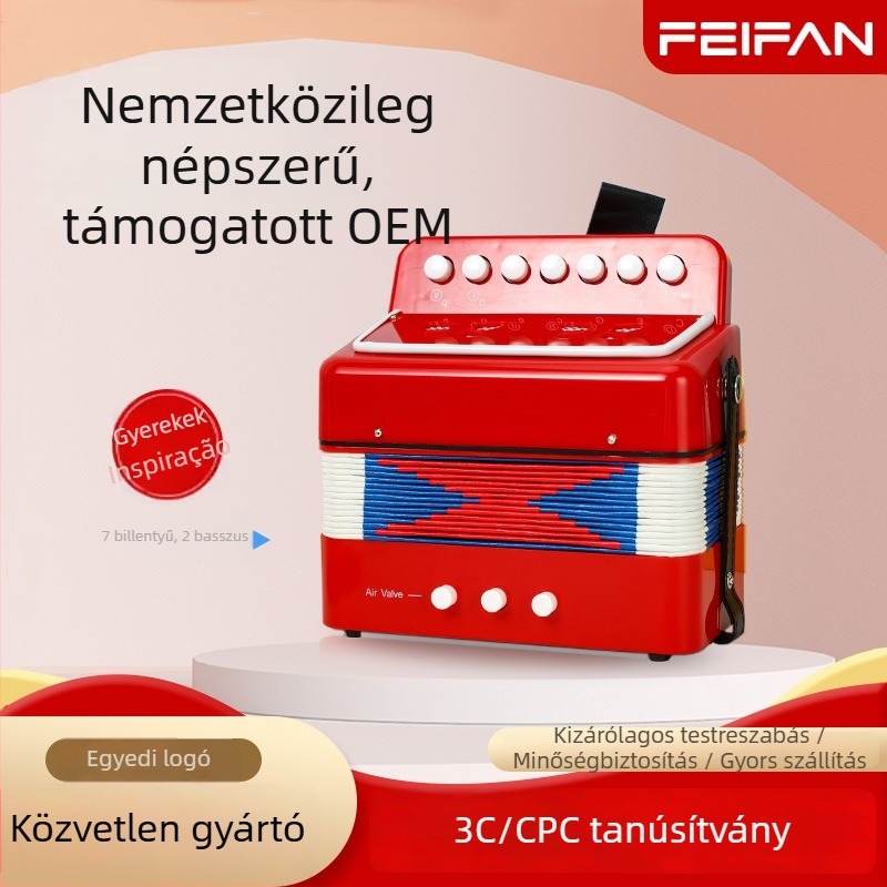 7‑gombos gyerek harmónika kezdőknek; anyagok: ABS műanyag, kraft papír, alumínium, réz; Modell ZX-07; csomagolás: színes doboz; 4–6 éveseknek