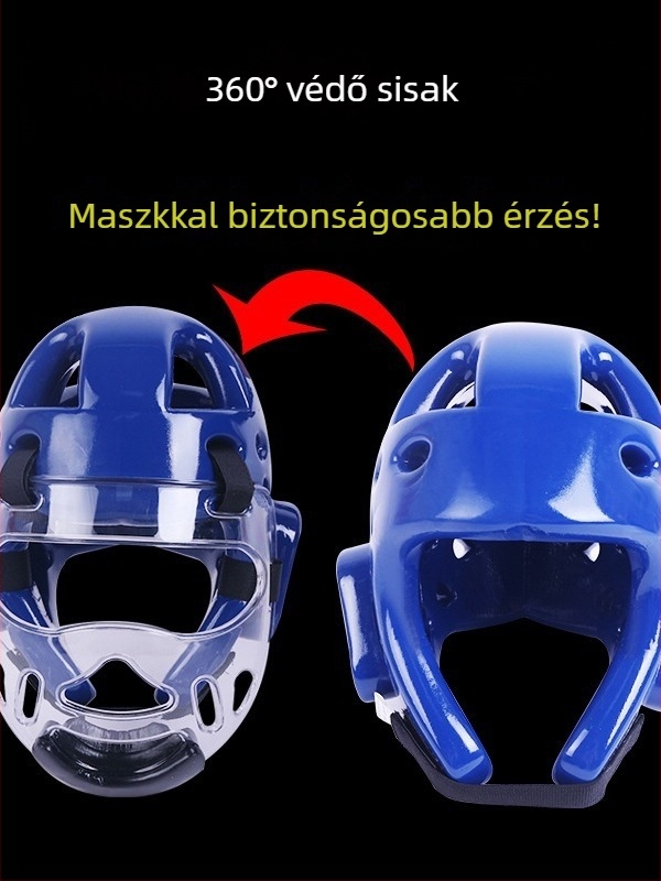 Taekwondo fejvédő sisak arcvédővel, NBR anyagból, öntött kivitel, modell 005, súly 1
