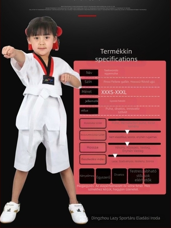 Taekwondo edzési egyenruha gyerekeknek és felnőtteknek, pamut-szál keverék anyag (30%), hosszú- és rövid ujjú változatok, mérettolerancia 1–3 cm