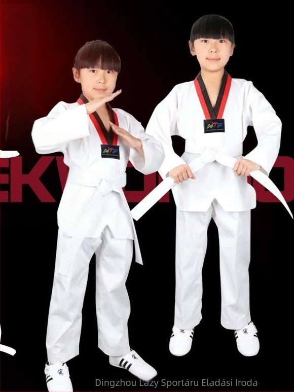 Taekwondo edzési egyenruha gyerekeknek és felnőtteknek, pamut-szál keverék anyag (30%), hosszú- és rövid ujjú változatok, mérettolerancia 1–3 cm