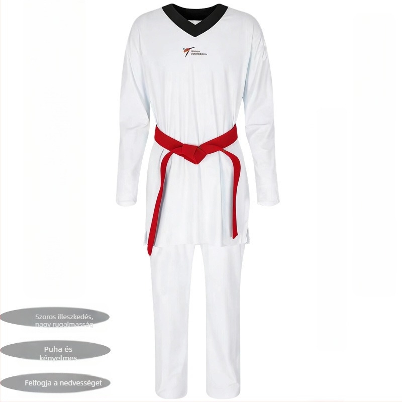 Taekwondo egyenruha (Dobok) magas rugalmassággal, testhezálló fazon gyerekeknek és felnőtteknek, versenysporthoz, szintetikus rostok keveréke, 20% spandex, 80% nylon bélés