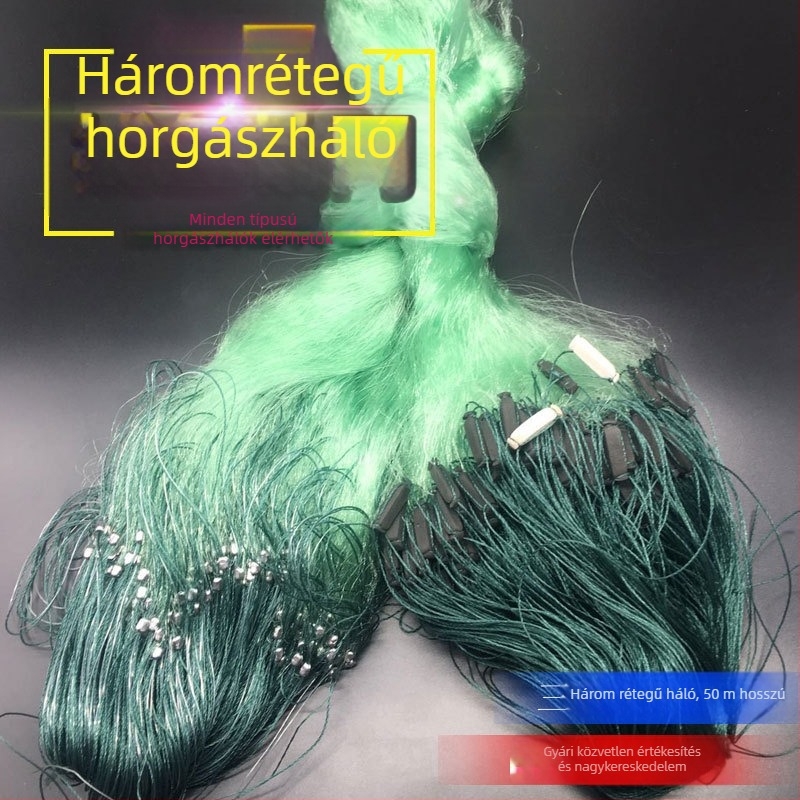 Háromrétegű nylon monofil szálú halászháló, 50 m hosszú, habosított úszók, ólom súlyok, Chaohu Qisheng Fishing Net Factory gyártó