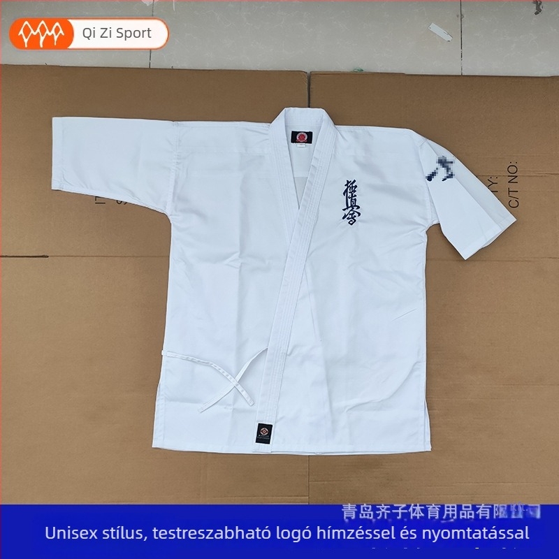 Kyokushin karate gi személyre szabott hímzéssel edzésre, poliészter-pamut anyag (65% poliészter), bélés 65% poliészter, minta: csíkos vagy egyszínű
