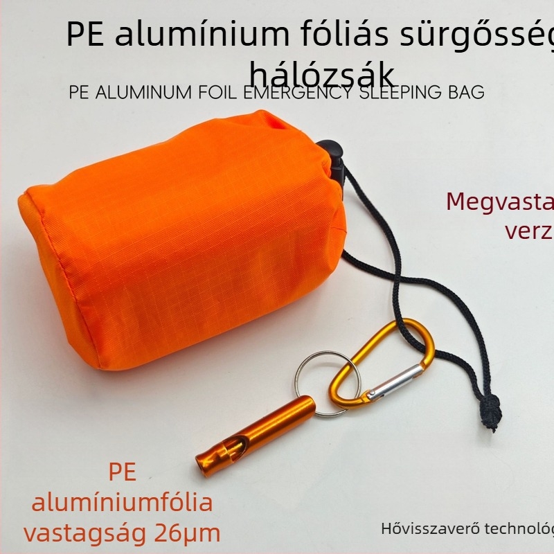 Kemping éjszakai zsák vészhelyzetre PE-alumíniumfilmes bélésével, anyagával és töltésével; megvastagodott kivitel (Termékkód: Thickened sleeping bag)