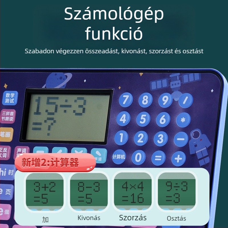 Gyerekek Pinyin tanulóeszköze — 3 az 1-ben Pinyin/Matematika/Angol, LCD interaktív tanulójáték hanggal, újratölthető