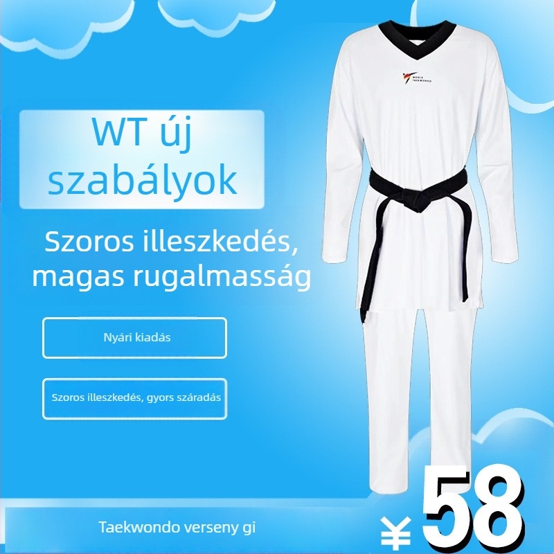 Taekwondo versenyruha, szoros szabás, rugalmas, gyorsan száradó, poliészter-elasztán keverék 60% elasztán