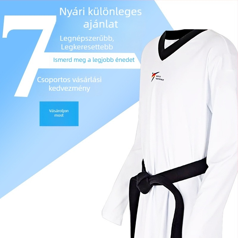 Taekwondo versenyruha, szoros szabás, rugalmas, gyorsan száradó, poliészter-elasztán keverék 60% elasztán