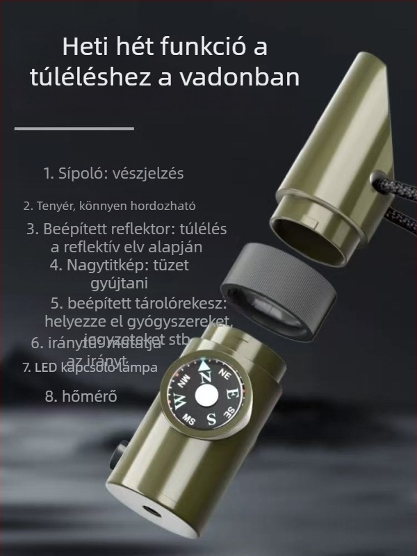 7 az 1-ben túlélő síp vészhelyzeti iránytűvel kültéri használatra