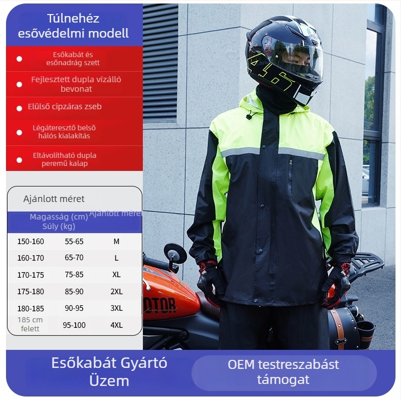 Motorkerékpáros esőponcsó nadrággal – split stílus, fényvisszaverő, Chunya Spinning anyag 0.23 mm, PVC ragasztó, felnőttnek