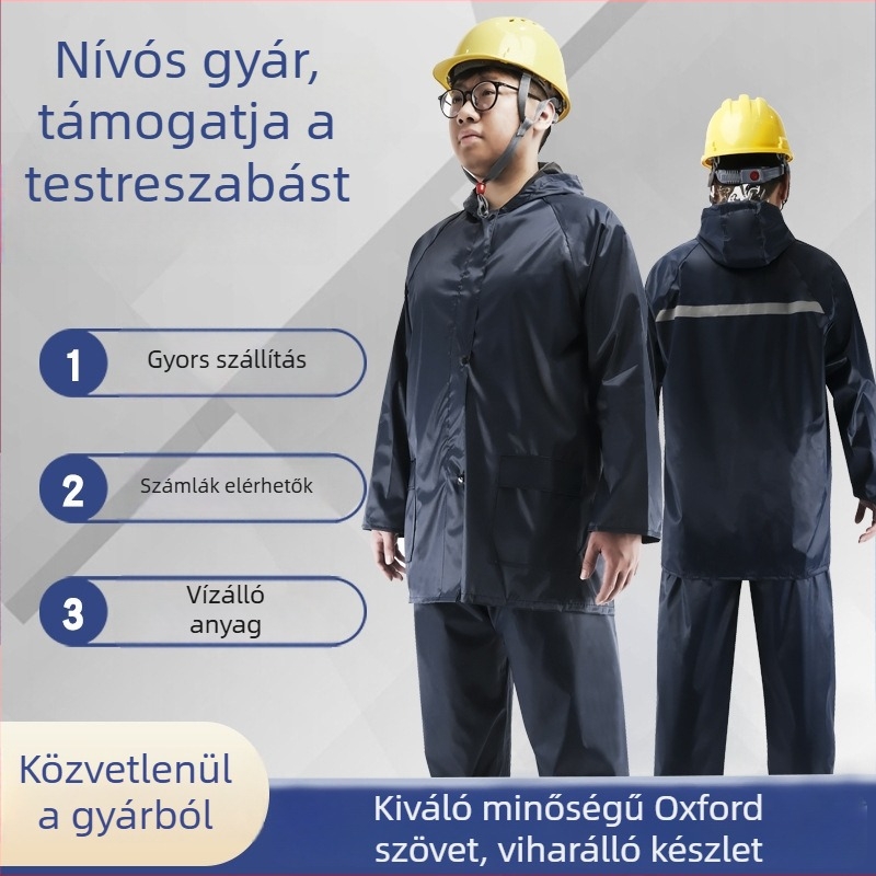 Felnőttnek kültéri szolgálatra készült két részes esőkabát és nadrág készlet, fényvisszaverő csíkokkal, vízálló poliészter, nyomtatott logó