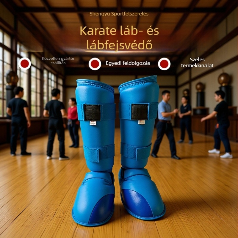 Karate sípcsontvédők felnőtteknek, bőrből készült, térd feletti hossz, testreszabható logó