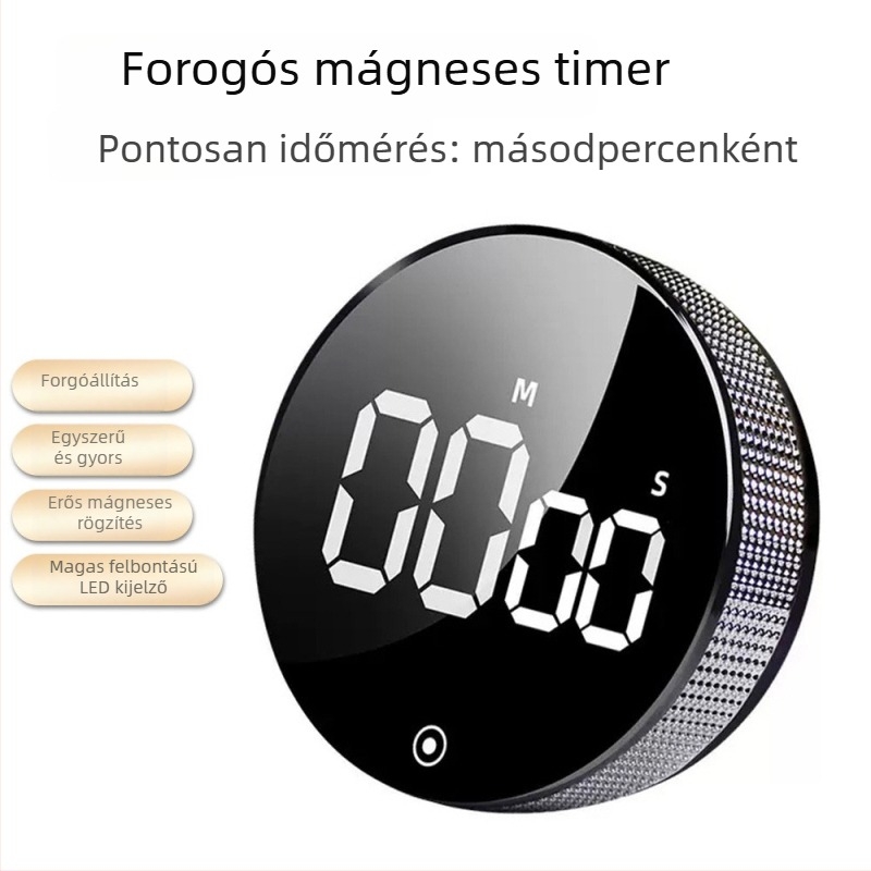Elektronikus időmérő LED-kijelzővel, kerek kialakítású, elemmel működik, kronográf mágneses rögzítéssel a konyhához