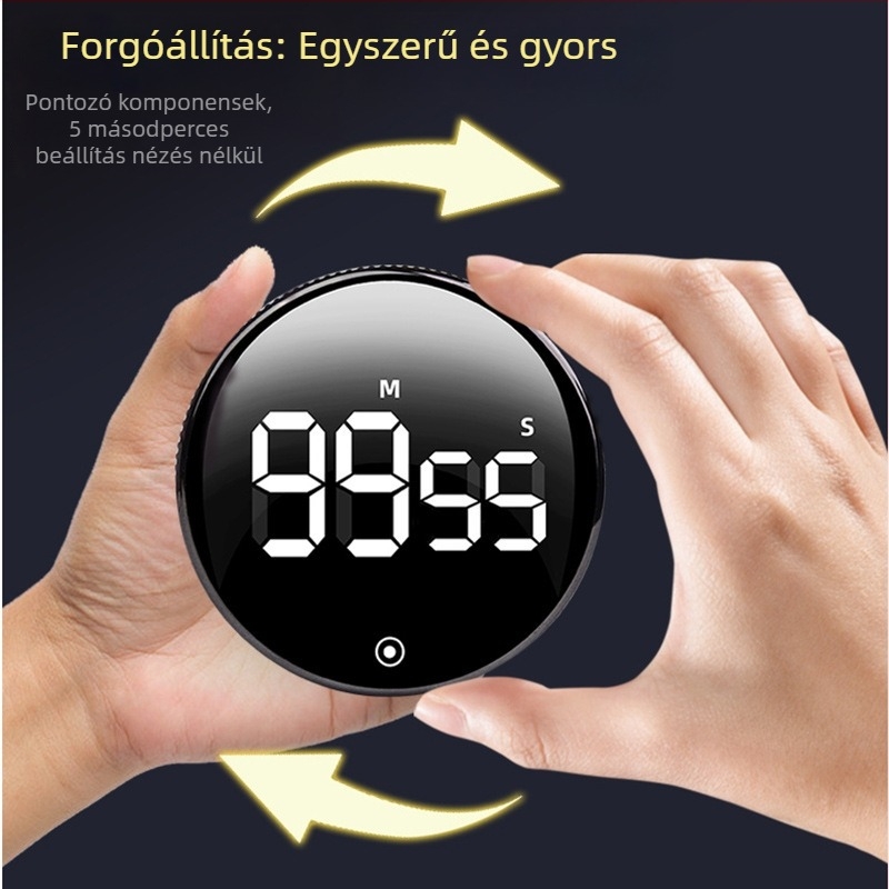Elektronikus időmérő LED-kijelzővel, kerek kialakítású, elemmel működik, kronográf mágneses rögzítéssel a konyhához