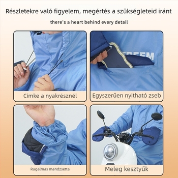 Egy darabos esőkabát elektromos járművekhez, szélálló és nedvesség elleni védelem, pamuttal bélelt, Oxford anyag, 0,3 mm vastagság, PVC vízálló réteg, hosszított dizájn