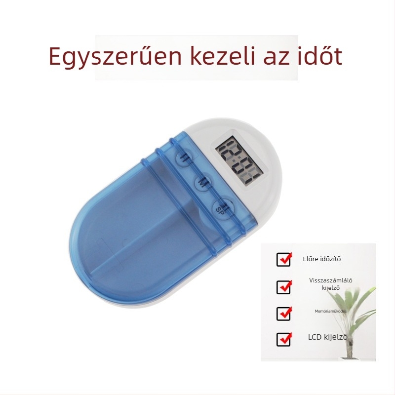 Gyógyszeres doboz időzítő LCD-kijelzővel, ABS ház, elektronikus működtetés, hordozható ovális kialakítás, kettős rekesz