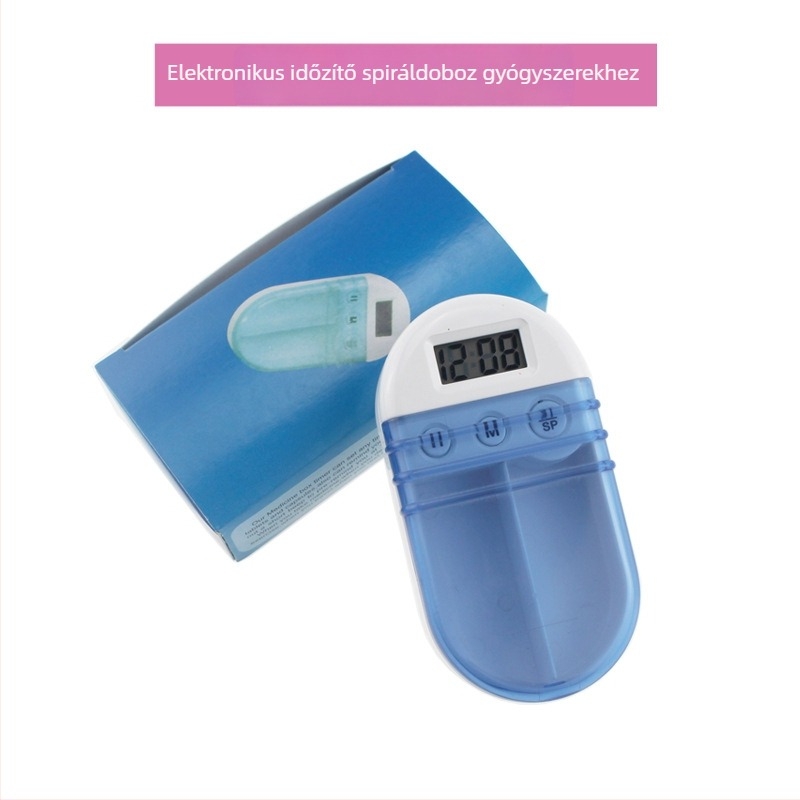 Gyógyszeres doboz időzítő LCD-kijelzővel, ABS ház, elektronikus működtetés, hordozható ovális kialakítás, kettős rekesz