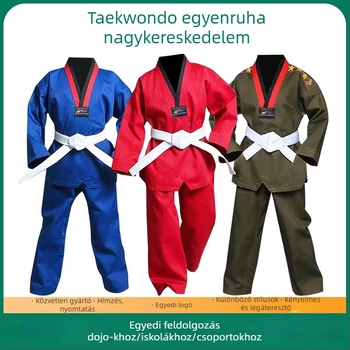 Taekwondo egyenruhák gyerekeknek és felnőtteknek, színesek: piros, fekete, kék, sárga, khaki; edzői egyenruhák
