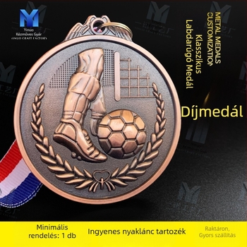 Cinkötvözetből készült futballérem személyre szabható dizájnnal, nyomtatott logó, nettó tömeg 60 g, aranyozott kártya