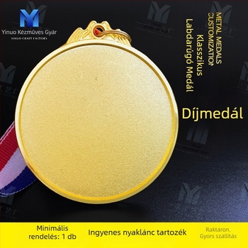 Cinkötvözetből készült futballérem személyre szabható dizájnnal, nyomtatott logó, nettó tömeg 60 g, aranyozott kártya