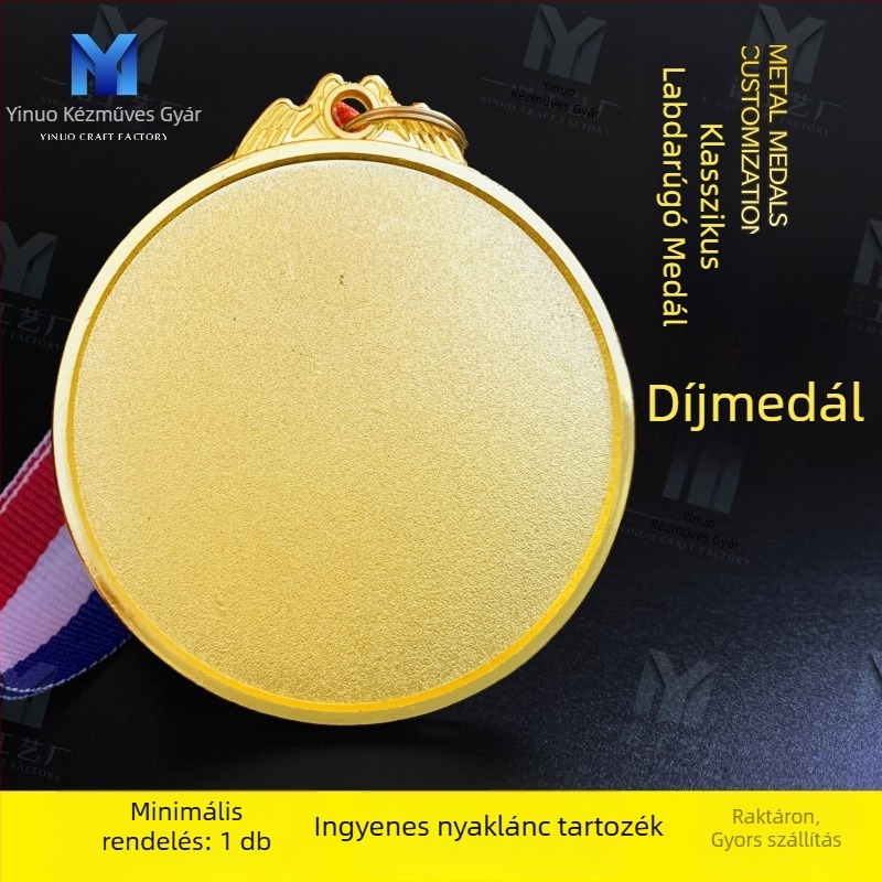 Cinkötvözetből készült futballérem személyre szabható dizájnnal, nyomtatott logó, nettó tömeg 60 g, aranyozott kártya