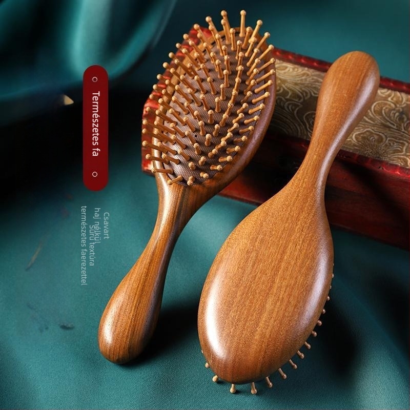 Szantálfa masszírozó fésű légpárnás párnával és masszázs fejjel, meridián ápoláshoz, hosszú hajhoz