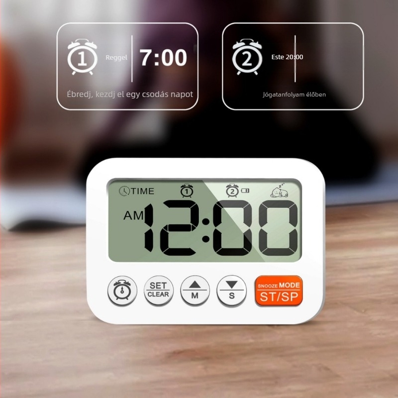 LCD digitális ébresztőóra időzítővel, elektronikus működés, LCD kijelző, digitális megjelenítés, szárazelemről működik
