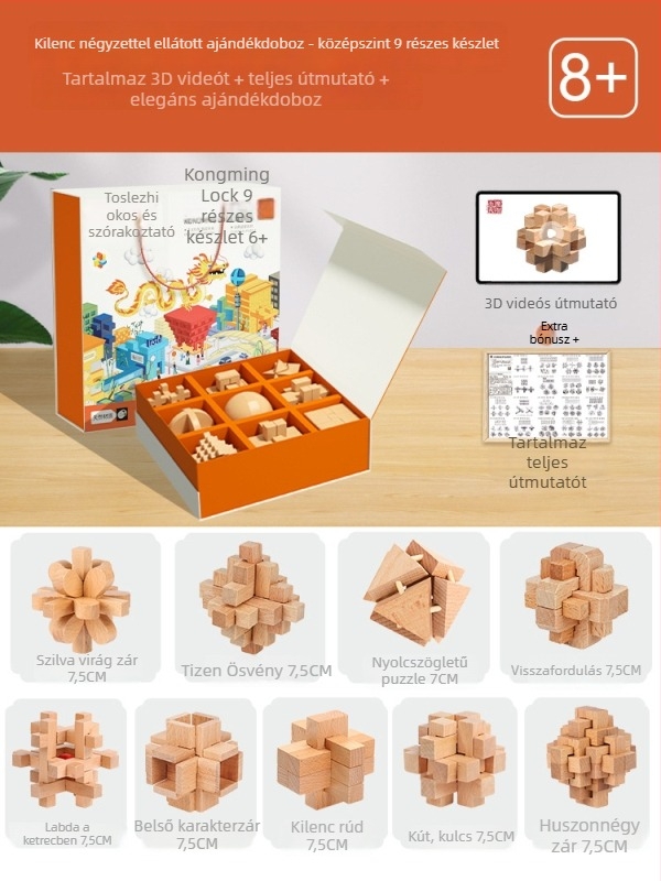 Kongming Lock (Luban Lock) Teljes készlet – fából készült puzzle játék 7–14 éveseknek, oktató játék