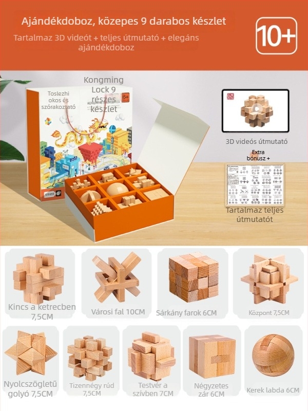 Kongming Lock (Luban Lock) Teljes készlet – fából készült puzzle játék 7–14 éveseknek, oktató játék
