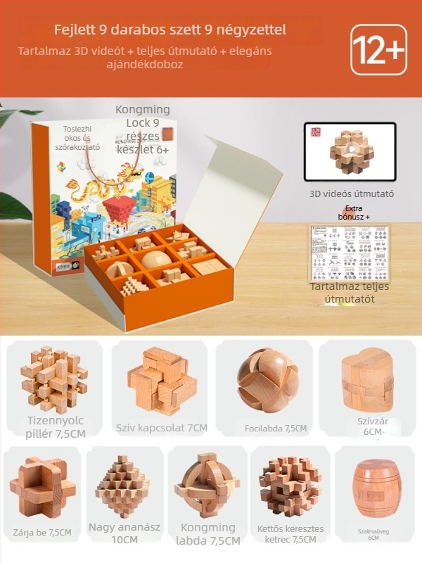 Kongming Lock (Luban Lock) Teljes készlet – fából készült puzzle játék 7–14 éveseknek, oktató játék