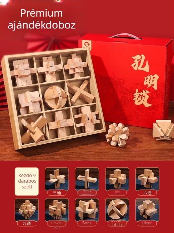 Kongming Lock (Luban Lock) Teljes készlet – fából készült puzzle játék 7–14 éveseknek, oktató játék