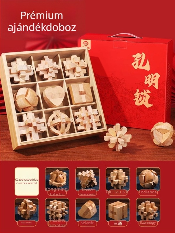Kongming Lock (Luban Lock) Teljes készlet – fából készült puzzle játék 7–14 éveseknek, oktató játék