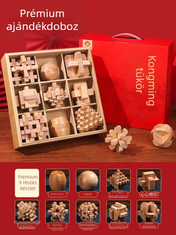 Kongming Lock (Luban Lock) Teljes készlet – fából készült puzzle játék 7–14 éveseknek, oktató játék