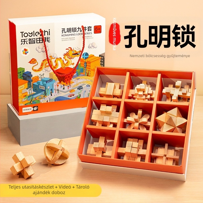 Kongming Lock (Luban Lock) Teljes készlet – fából készült puzzle játék 7–14 éveseknek, oktató játék