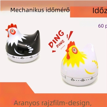 Mechanikus konyhai időzítő karikatúra tyúk dizájnnal, műanyag ház, mutató kijelző, kézi működtetés