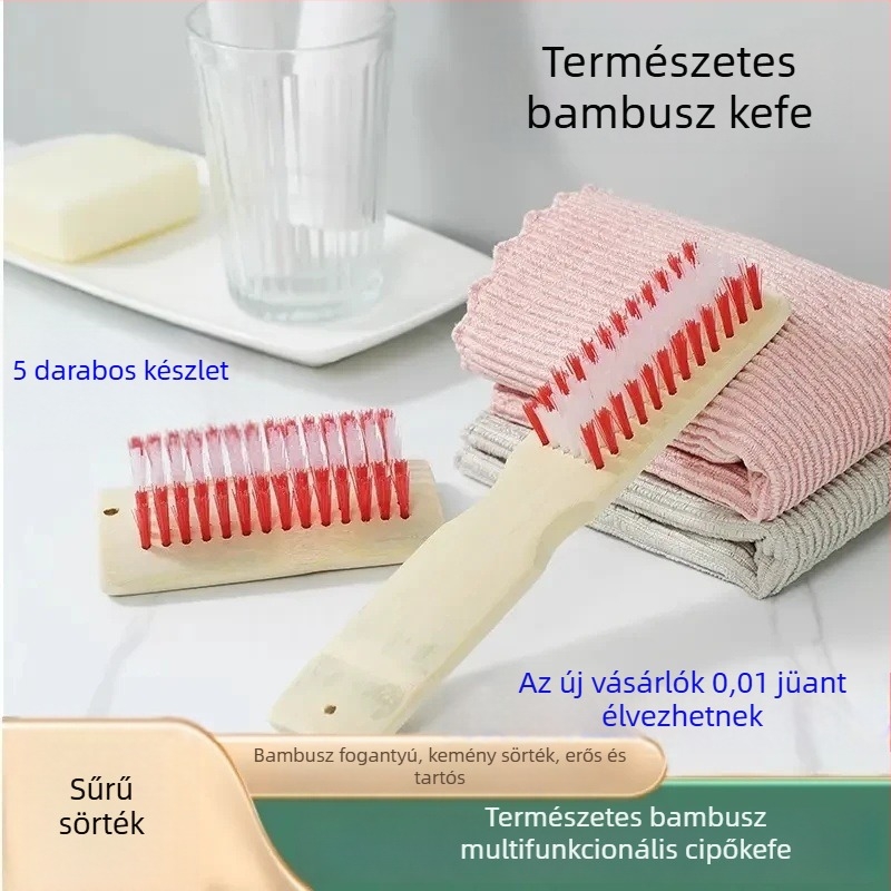 Öt darabos multifunkcionális tisztítóecset-készlet: természetes bambusz cipőecset és hosszú nyelű mosóecset kemény sörtékkel