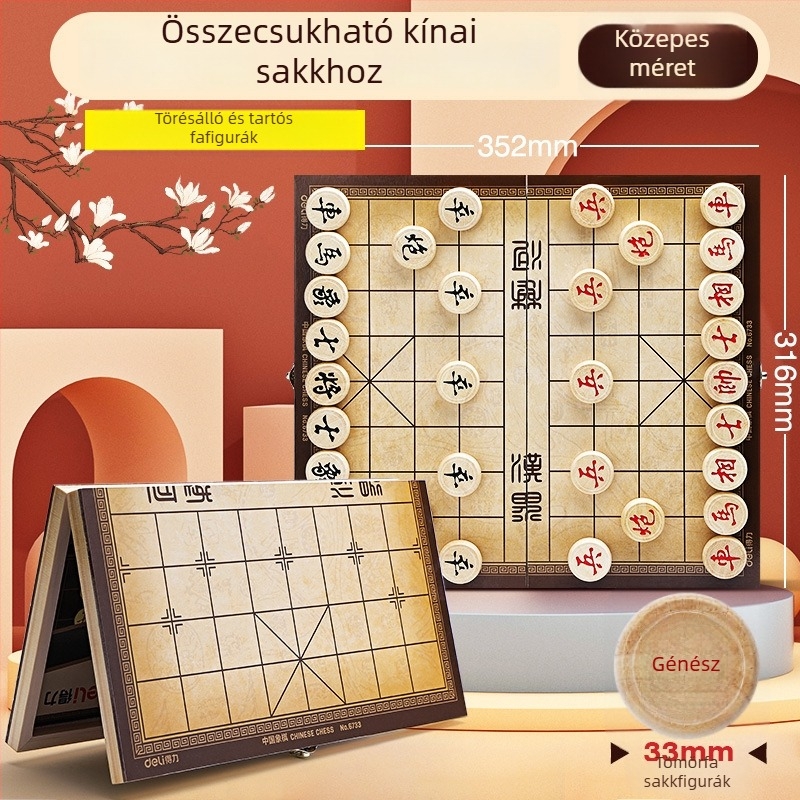 Mágneses tömörfa kínai sakkkészlet, összecsukható és hordozható, oktató játék
