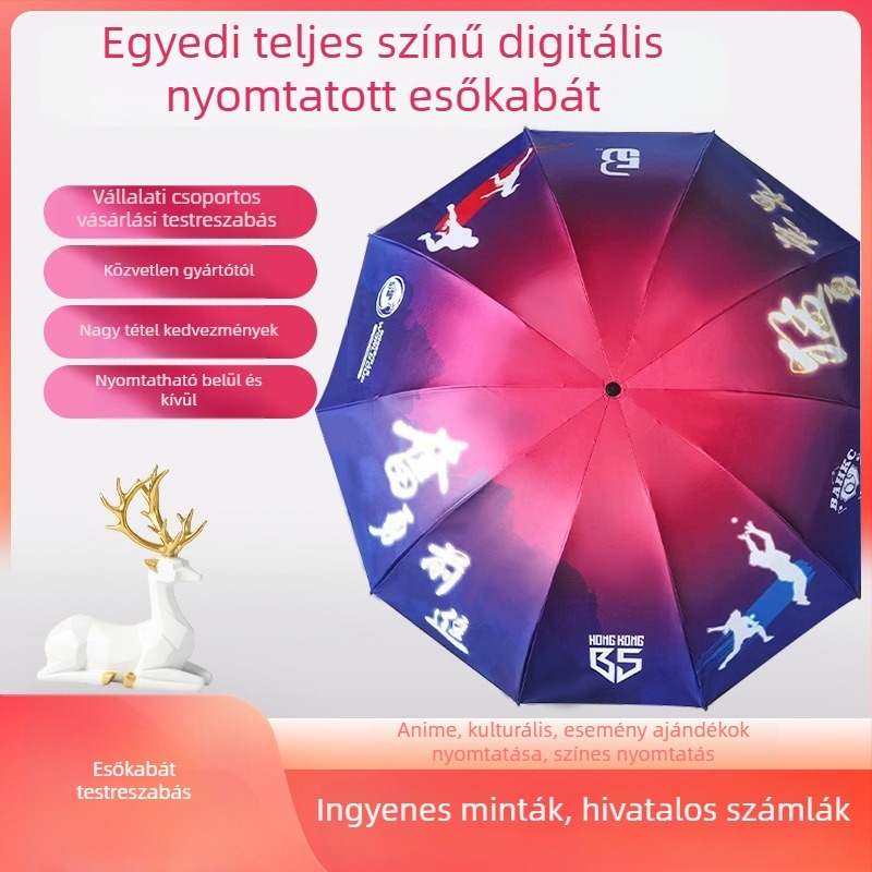 Reklámesernyő logónyomással • testreszabható dizájn • vasváz 8 küllővel és nyél • 190T vinil bevonatú anyag • kézi nyitás-zárás