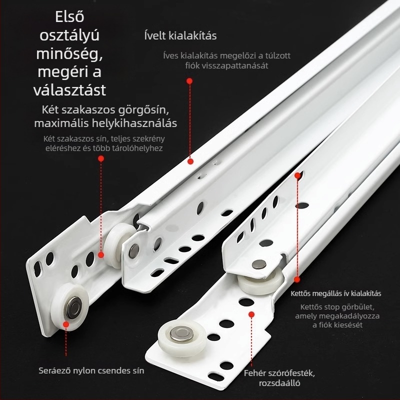 Két részes fiókcsúszka, oldalsó szerelésű gardrób/szekrény számára, hidegen hengerelt acél, modell Zg-20221201009, standard felület, Modern minimalist stílus