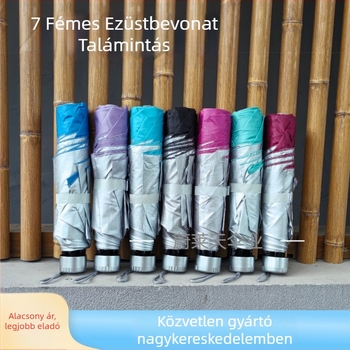 7 bordás, 3-ujjas vasvázú esernyő ezüst ragasztó bevonattal, poliészter 170T vászon, UPF >30, napsütéses és esős használatra, kézi nyitás-zárás, logónyomás lehetséges