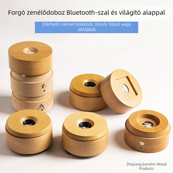 Forgó zenei doboz alapja bükkfából, Bluetooth távirányítóval és újratölthető LED lámpatartóval