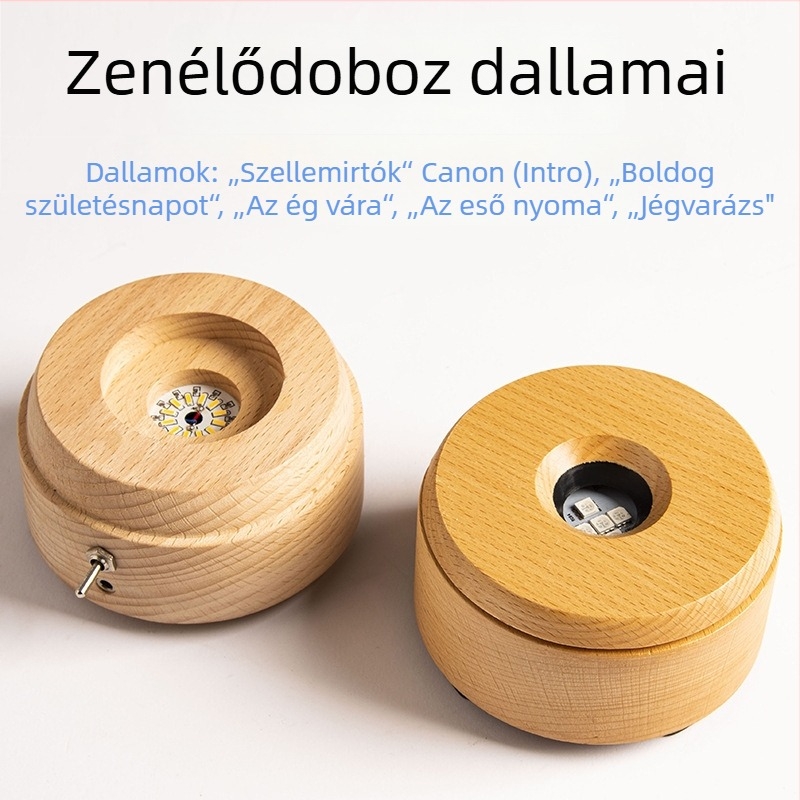Forgó zenei doboz alapja bükkfából, Bluetooth távirányítóval és újratölthető LED lámpatartóval