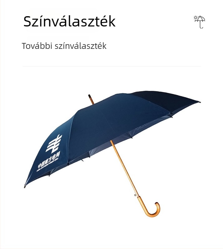 Golf esernyő ívelt tömör fa nyéllel és fa tengellyel, 8 rostos bordázat váz, ütésálló vászon fedél, UPF >50, testreszabás elérhető